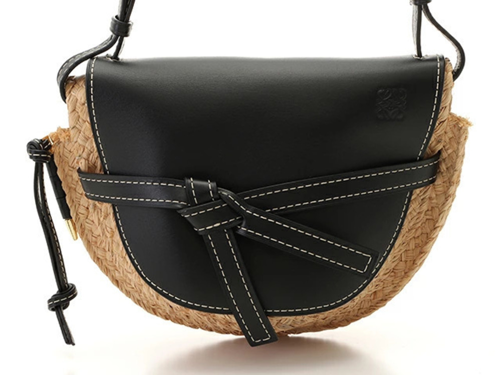Loewe Gate Shoulder Bag Black Beige Cream Raffia